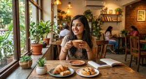Woman enjoying coffee in cafe