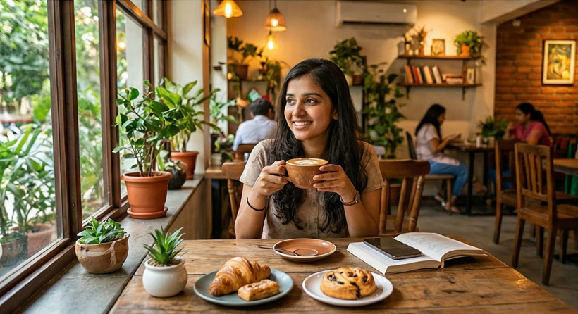 Woman enjoying coffee in cafe